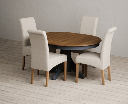 Extending hertford 100cm - 130cm oak and dark blue painted pedestal dining table with 4 natural scroll back chairs