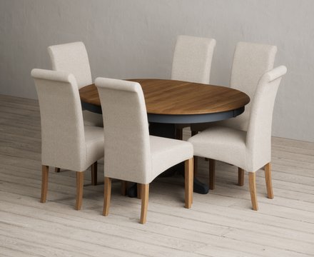 Extending hertford 100cm - 130cm oak and dark blue painted pedestal dining table with 6 natural scroll back chairs