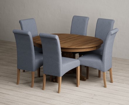 Extending hertford 100cm - 130cm rustic oak pedestal dining table with 6 blue scroll back chairs