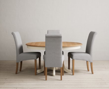 Extending hertford 100cm - 130cm oak and cream painted pedestal dining table with 4 grey scroll back chairs
