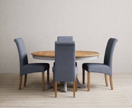 Extending hertford 100cm - 130cm oak and light grey painted pedestal dining table with 4 blue scroll back chairs