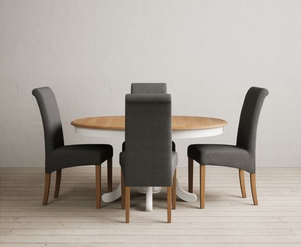 Extending hertford 100cm - 130cm oak and signal white painted pedestal dining table with 4 charcoal grey scroll back chairs