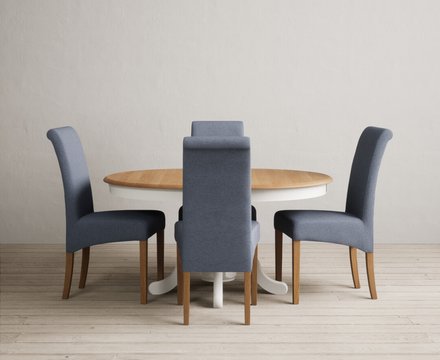 Extending hertford 100cm - 130cm oak and signal white painted pedestal dining table with 4 blue scroll back chairs