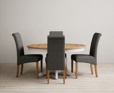 Extending hertford 100cm - 130cm oak and soft white painted pedestal dining table with 4 charcoal grey scroll back chairs
