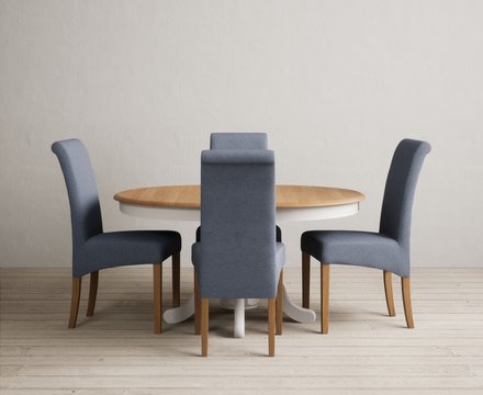Extending hertford 100cm - 130cm oak and soft white painted pedestal dining table with 4 blue scroll back chairs