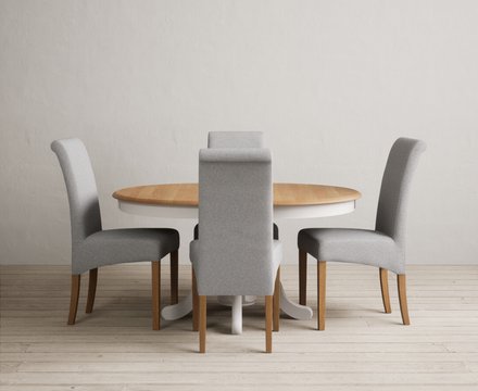 Extending hertford 100cm - 130cm oak and soft white painted pedestal dining table with 4 grey scroll back chairs