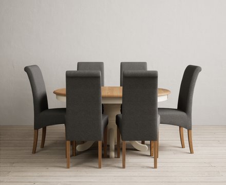 Extending hertford 100cm - 130cm oak and cream painted pedestal dining table with 6 charcoal grey scroll back chairs