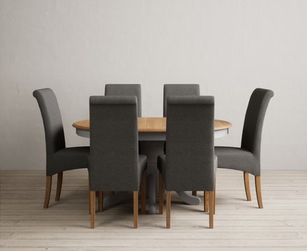 Extending hertford 100cm - 130cm oak and light grey painted pedestal dining table with 6 charcoal grey scroll back chairs