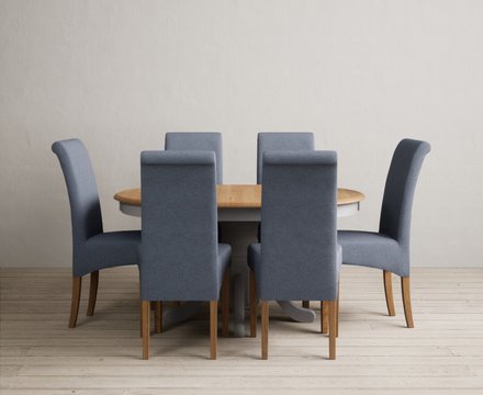 Extending hertford 100cm - 130cm oak and light grey painted pedestal dining table with 6 blue scroll back chairs
