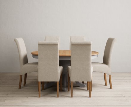 Extending hertford 100cm - 130cm oak and light grey painted pedestal dining table with 6 natural scroll back chairs