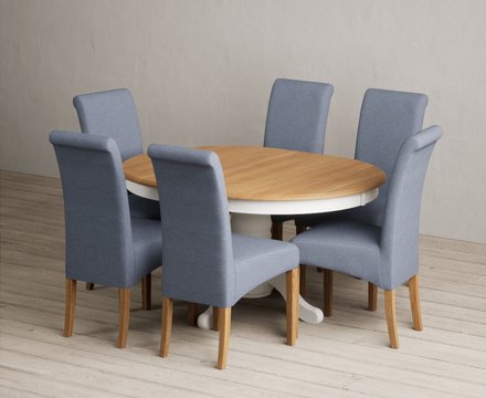Extending hertford 100cm - 130cm oak and signal white painted pedestal dining table with 6 blue scroll back chairs