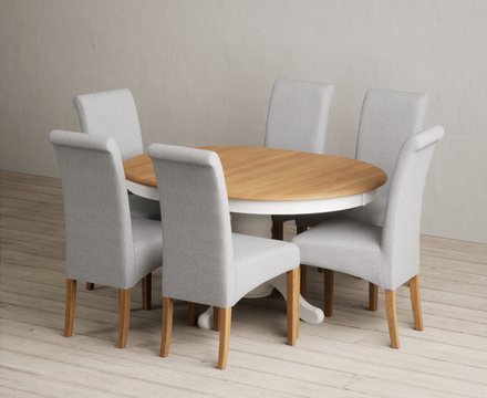 Extending hertford 100cm - 130cm oak and signal white painted pedestal dining table with 6 grey scroll back chairs