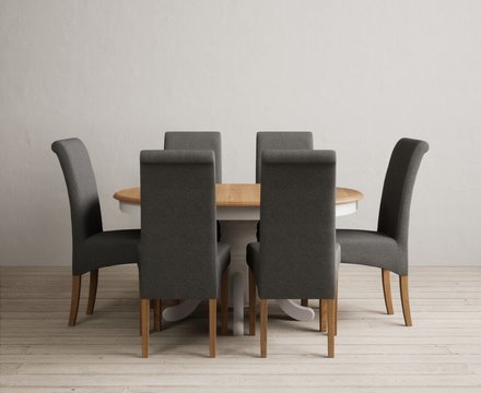 Extending hertford 100cm - 130cm oak and soft white painted pedestal dining table with 6 charcoal grey scroll back chairs