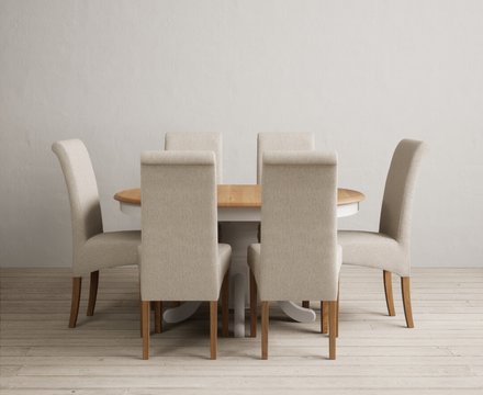 Extending hertford 100cm - 130cm oak and soft white painted pedestal dining table with 6 natural scroll back chairs