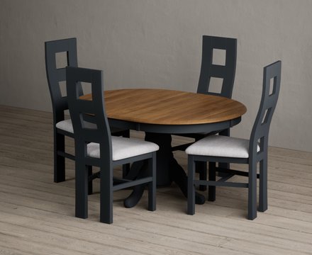 Extending hertford 100cm - 130cm oak and dark blue painted pedestal dining table with 4 light grey painted chairs