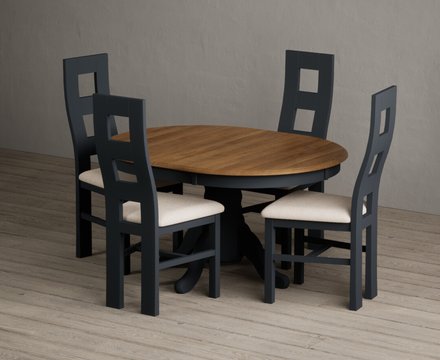 Extending hertford 100cm - 130cm oak and dark blue painted pedestal dining table with 4 linen painted chairs