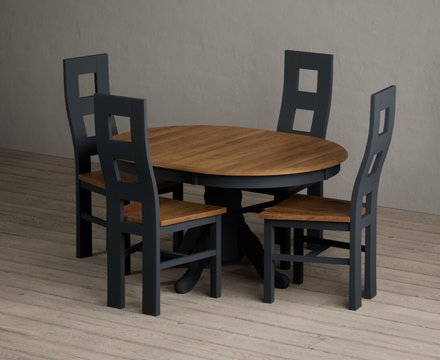 Extending hertford 100cm - 130cm oak and dark blue painted pedestal dining table with 4 rustic oak painted chairs