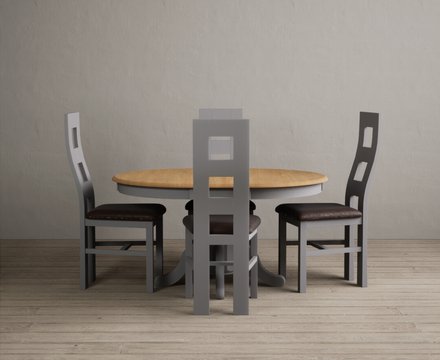 Extending hertford 100cm - 130cm oak and light grey painted pedestal dining table with 4 brown painted chairs