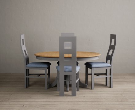 Extending hertford 100cm - 130cm oak and light grey painted pedestal dining table with 4 blue painted chairs