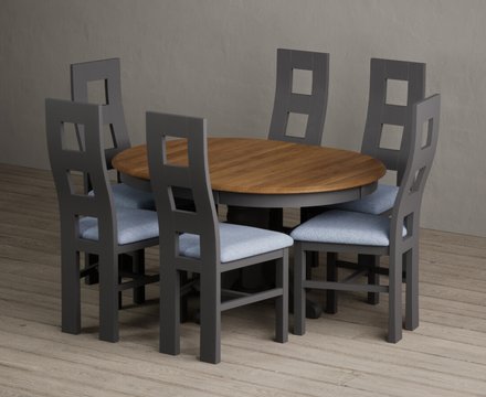 Extending hertford 100cm - 130cm oak and charcoal grey painted pedestal dining table with 6 blue painted chairs