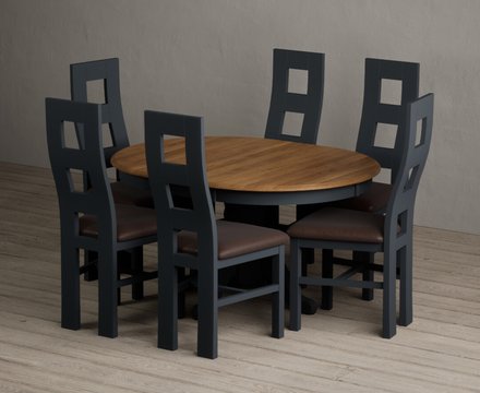 Extending hertford 100cm - 130cm oak and dark blue painted pedestal dining table with 6 brown painted chairs