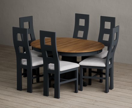 Extending hertford 100cm - 130cm oak and dark blue painted pedestal dining table with 6 light grey painted chairs