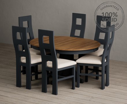Extending hertford 100cm - 130cm oak and dark blue painted pedestal dining table with 4 charcoal grey painted chairs