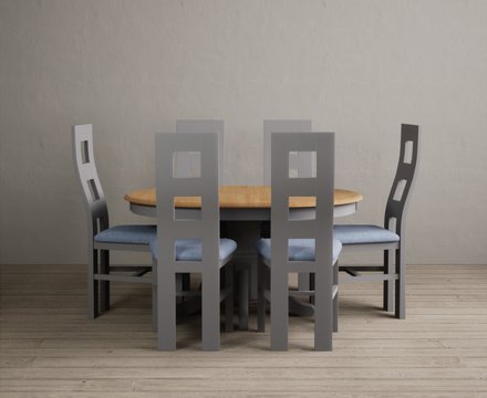 Extending hertford 100cm - 130cm oak and light grey painted pedestal dining table with 6 blue painted chairs
