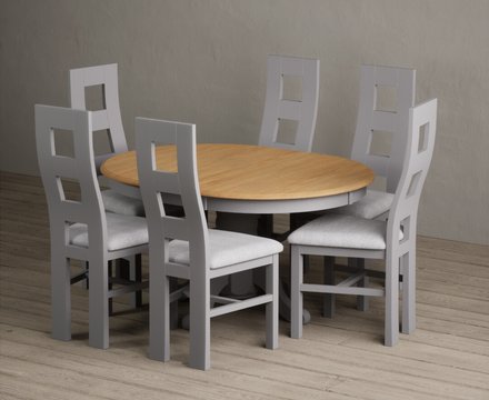 Extending hertford 100cm - 130cm oak and light grey painted pedestal dining table with 6 light grey painted chairs