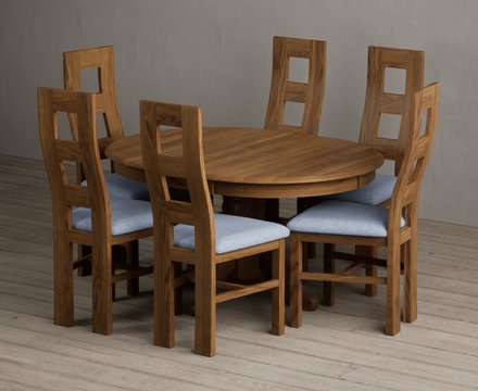 Extending hertford 100cm - 130cm rustic oak pedestal dining table with 6 blue rustic solid oak chairs