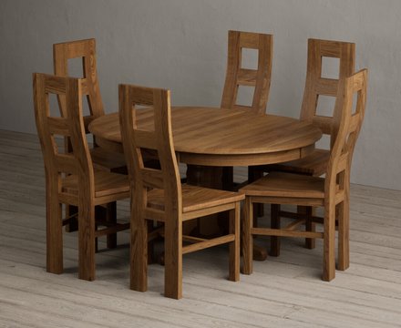 Extending hertford 100cm - 130cm rustic oak pedestal dining table with 6 rustic oak rustic solid oak chairs