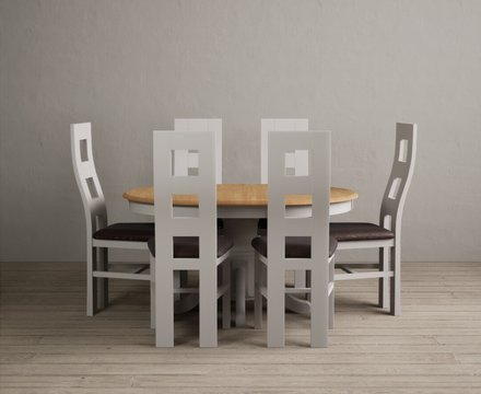 Extending hertford 100cm - 130cm oak and soft white painted pedestal dining table with 6 brown painted chairs