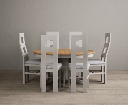 Extending hertford 100cm - 130cm oak and soft white painted pedestal dining table with 6 light grey painted chairs