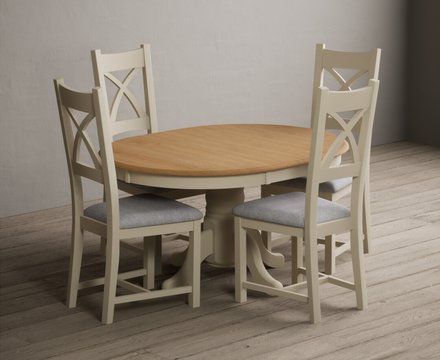Extending hertford 100cm - 130cm oak and cream painted pedestal dining table with 4 light grey painted chairs