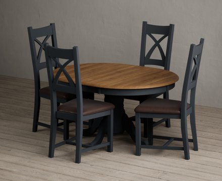 Extending hertford 100cm - 130cm oak and dark blue painted pedestal dining table with 4 brown painted chairs