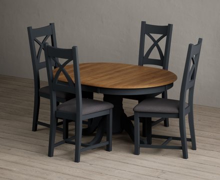 Extending hertford 100cm - 130cm oak and dark blue painted pedestal dining table with 4 charcoal grey painted chairs