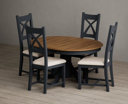 Extending hertford 100cm - 130cm oak and dark blue painted pedestal dining table with 4 linen painted chairs