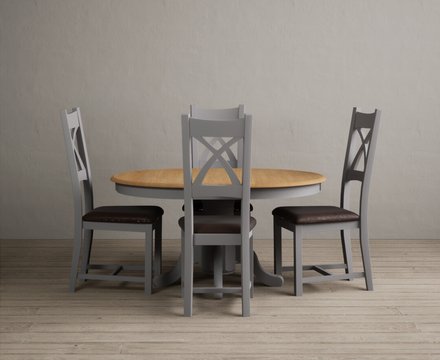 Extending hertford 100cm - 130cm oak and light grey painted pedestal dining table with 4 brown painted chairs