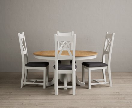 Extending hertford 100cm - 130cm oak and signal white painted pedestal dining table with 4 charcoal grey painted chairs