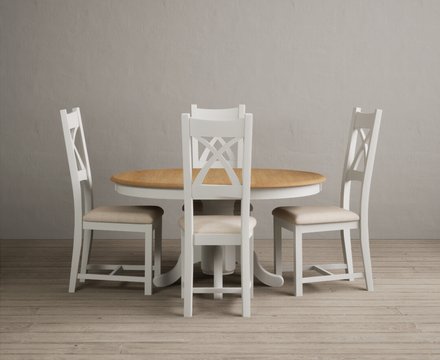 Extending hertford 100cm - 130cm oak and signal white painted pedestal dining table with 4 linen painted chairs