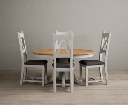 Extending hertford 100cm - 130cm oak and soft white painted pedestal dining table with 4 charcoal grey painted chairs