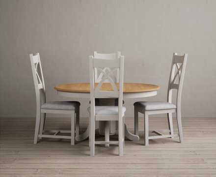 Extending hertford 100cm - 130cm oak and soft white painted pedestal dining table with 4 light grey painted chairs