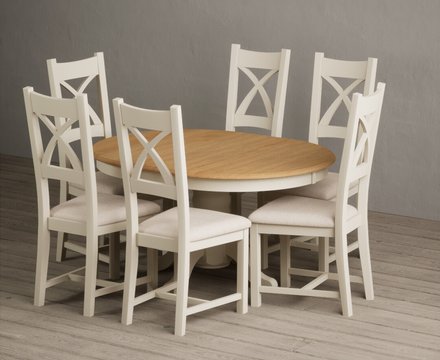 Extending hertford 100cm - 130cm oak and cream painted pedestal dining table with 6 linen painted chairs