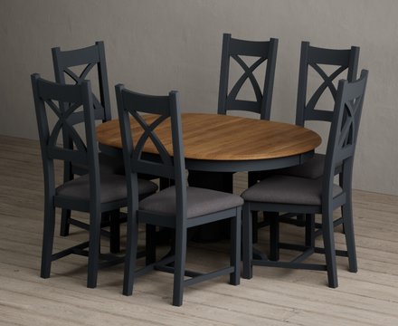 Extending hertford 100cm - 130cm oak and dark blue painted pedestal dining table with 6 charcoal grey painted chairs