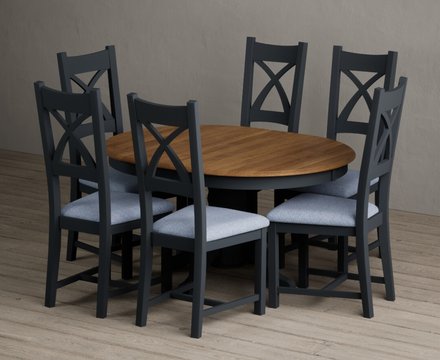 Extending hertford 100cm - 130cm oak and dark blue painted pedestal dining table with 6 blue painted chairs