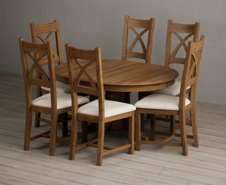 Extending hertford 100cm - 130cm rustic oak pedestal dining table with 6 linen rustic solid oak chairs