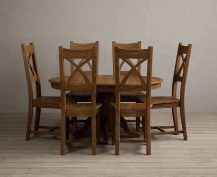 Extending hertford 100cm - 130cm rustic oak pedestal dining table with 6 rustic oak rustic solid oak chairs