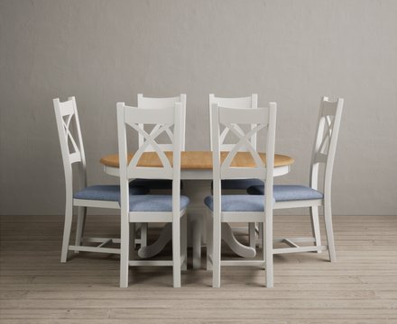 Extending hertford 100cm - 130cm oak and signal white painted pedestal dining table with 6 blue painted chairs