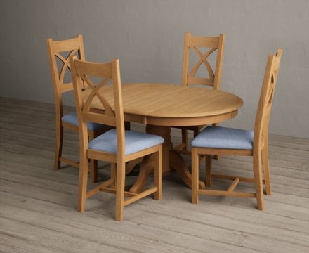 Extending hertford 100cm - 130cm solid oak pedestal dining table with 4 blue natural solid oak chairs