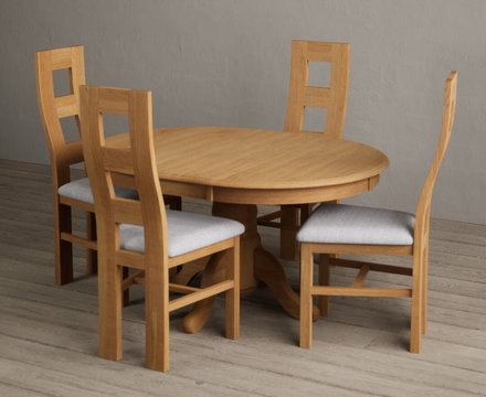 Extending hertford 100cm - 130cm solid oak pedestal dining table with 4 light grey natural chairs
